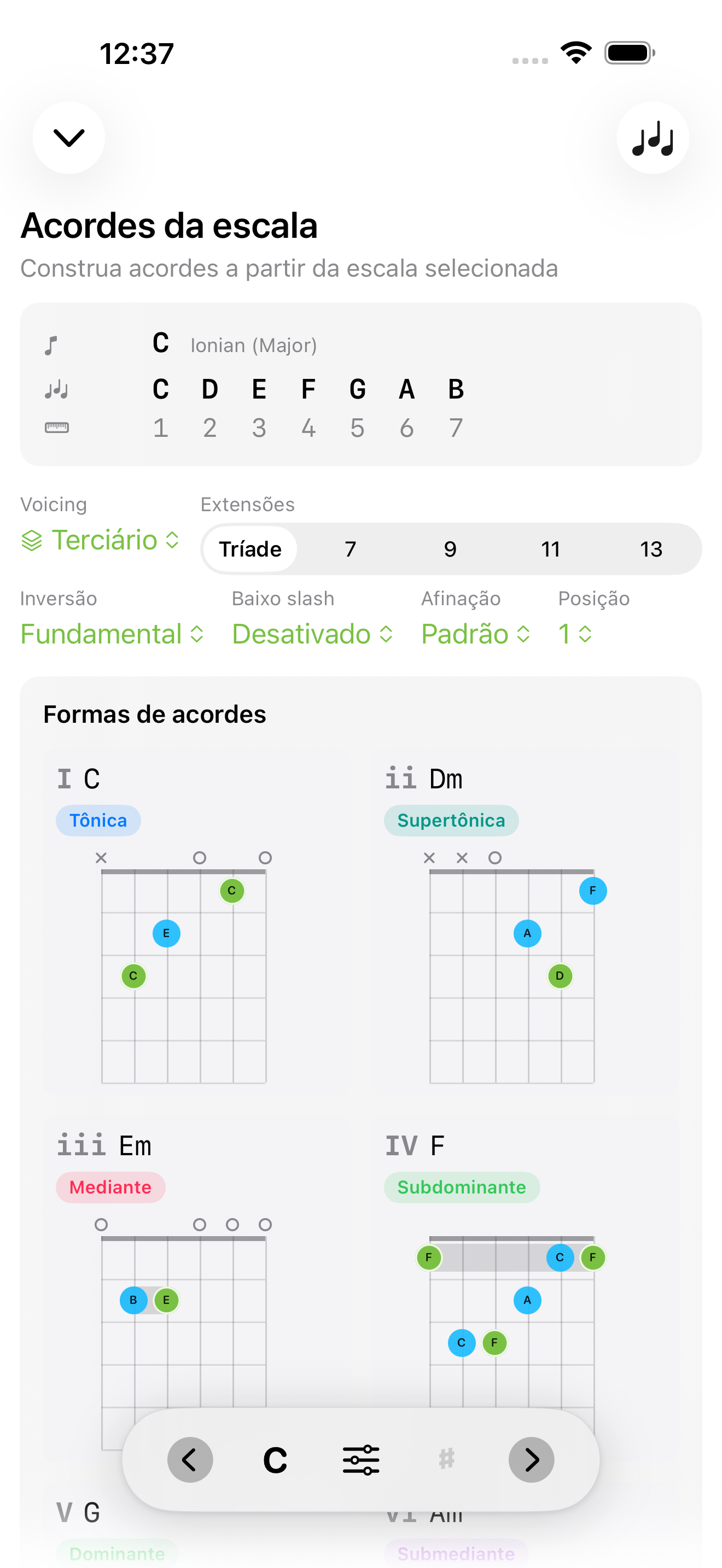 Tela de acordes da escala no iPhone